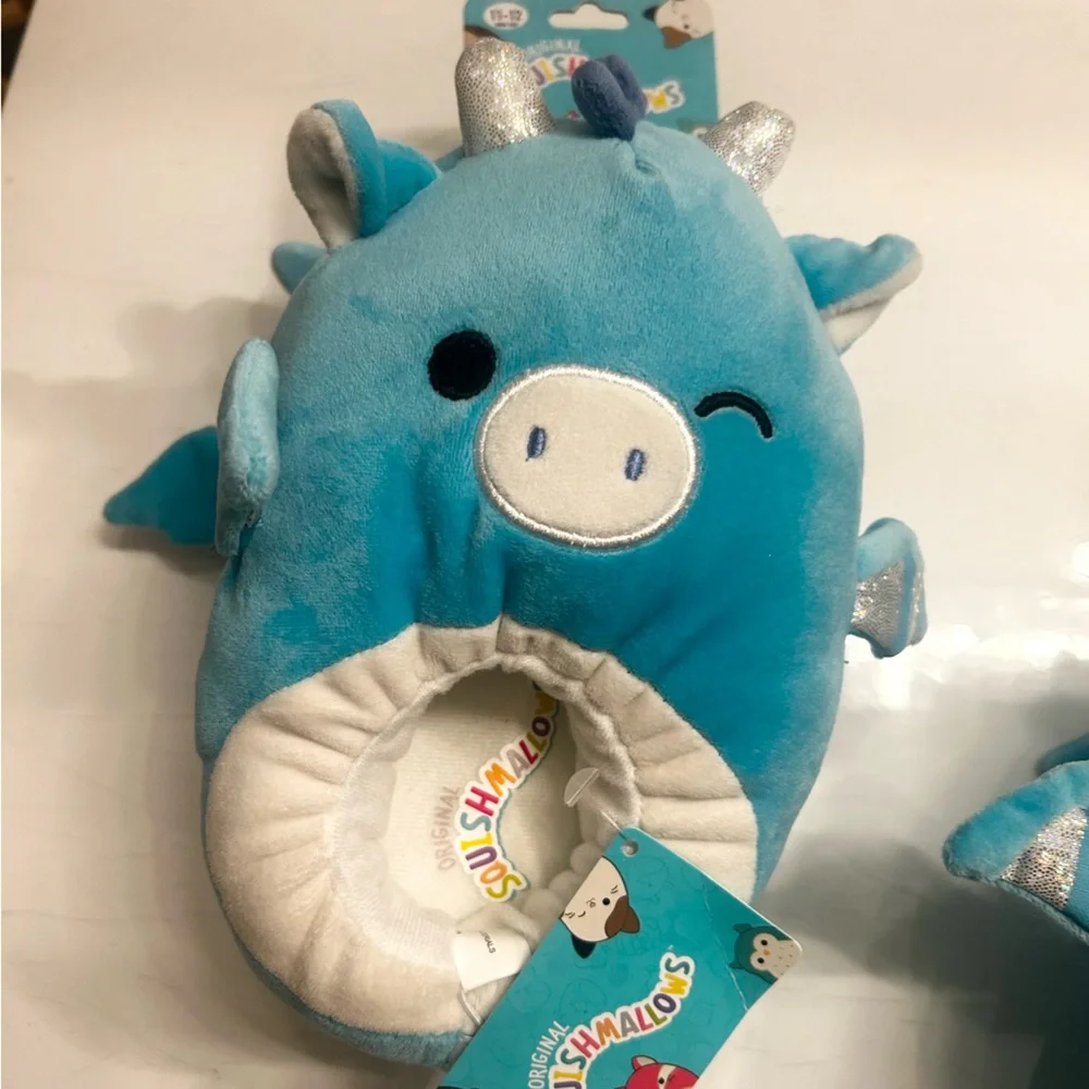 ⭐️ NEW Squishmallows Tatiana Dragon Teal and Silver Plush Slippers 11/12